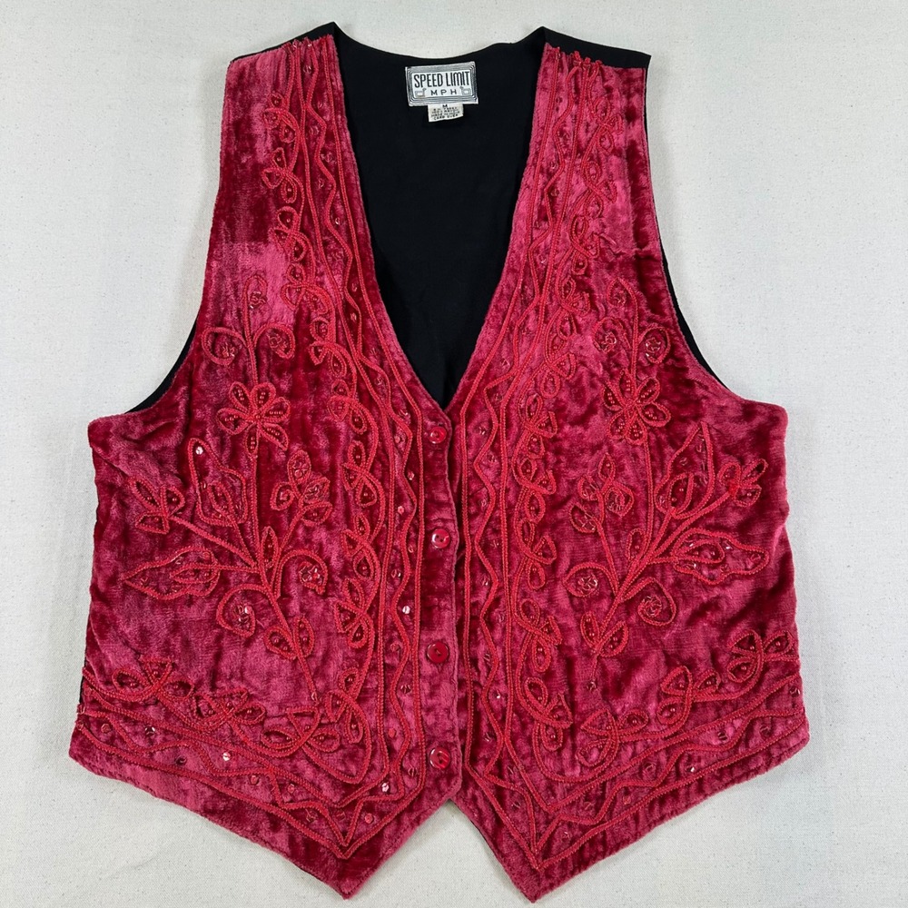 Speed Limit MPH Vintage Red Crushed Velvet Embroidered Sequin Vest Medium